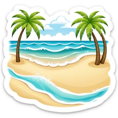 Icon for Beach Tourism: a sunny beach with waves, palm trees, and a snorkel mask, capturing the essence of tropical beach relaxation. The icon should feel bright and carefree, without a frame. Transparent background. sticker