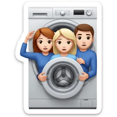 Eine Frau mit dem Kopf  in der Waschmaschine feststeckt und zwei Männer die hinten an ihr ziehen um ihr zu helfen  sticker