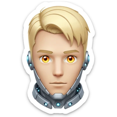 Cyborg male with blond hair, partly mechanical face, glowing eyes, white tech collar sticker