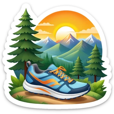 A dynamic icon featuring a pair of running shoes in motion on a scenic trail, surrounded by trees and mountains. The background shows a sunrise, symbolizing energy and passion for running. Transparent background enhances the focus on movement and the joy of outdoor jogging. sticker
