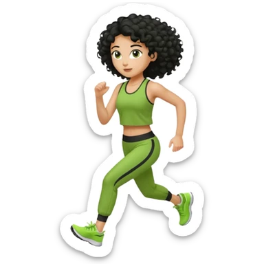 a woman with olive skin tone and curly black hair wearing green and jogging sticker