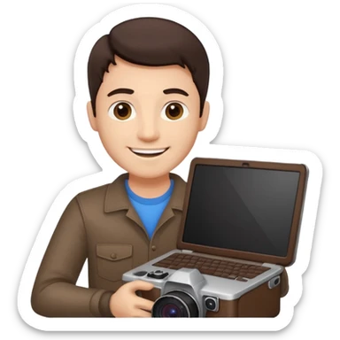 man's head with dark brown hair, holding a laptop and a camera, cheerful and confident sticker