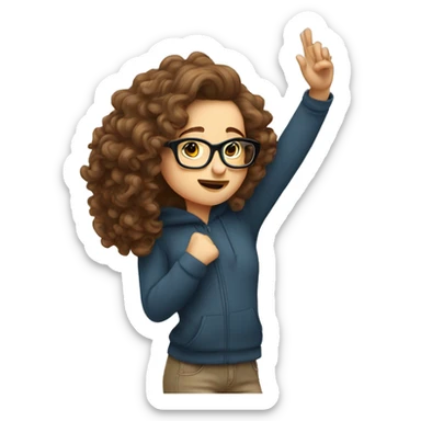 White girl with curly brown hair and glasses doing a dab sticker