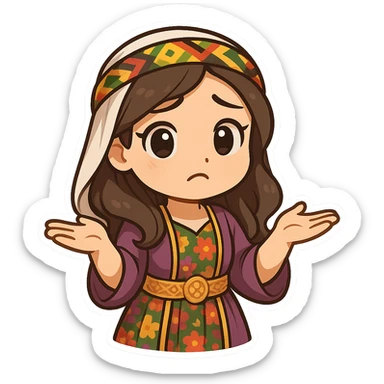Kurdish woman in a new dress, shrugging shoulders with palms up, confused or 'I don't know' expression, no text sticker