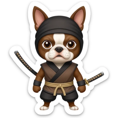 Brown Boston terrier with ninja sticker