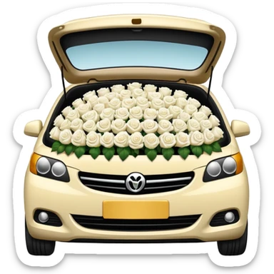 compact car, trunk packed with white roses, emoji style sticker