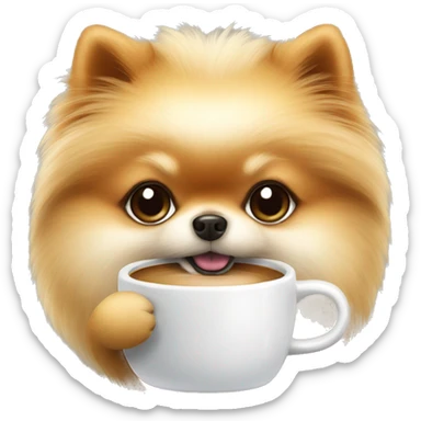 pomeranian drinking coffee in a white mug sticker