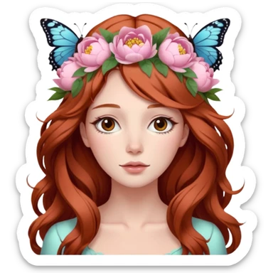 Woman with long flowing auburn hair wearing a pastel flower crown with big peonies and roses and butterflies in it sticker