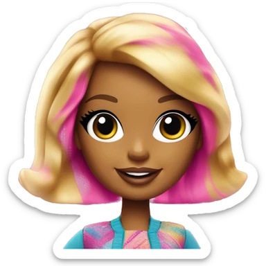 An image of a Barbie doll wearing a stylish outfit with the word 'Barbie' written across the clothing, set in a fun, vibrant background sticker