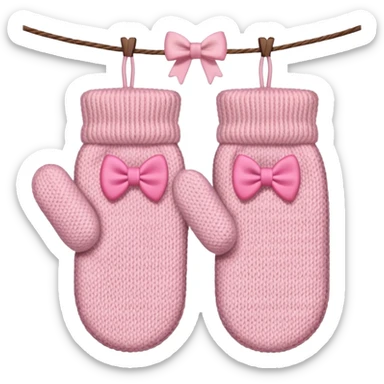 pastel pink pair of mittens connected by string and a bow sticker