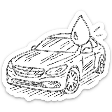 hand-drawn outlined icon of a full high-end vehicle with glossy black paint, strong shine and reflections, water droplet sliding on the surface, subtle repellent effect, clean and modern sticker