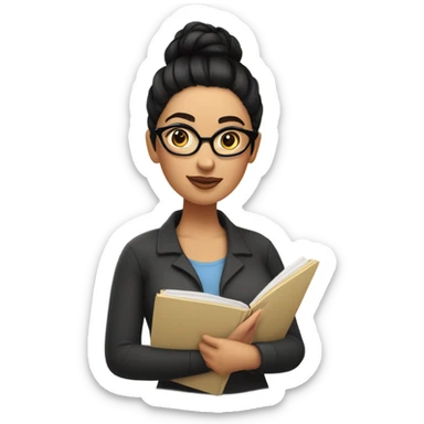 An caucasian woman with Black hair with tophead bun, she has glasses, she is writing a note on her notebook, we can see her pencil while writing sticker