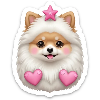 A Pomeranian holding a pink star with hearts sticker