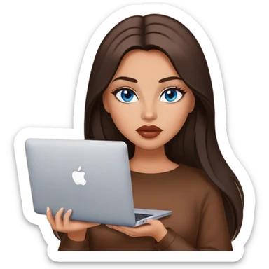 Glamours tanned very beautiful girl with big pump lips and dark chocolate straight smooth long hair, blue-grey eyes in brown clothing with MacBook sticker