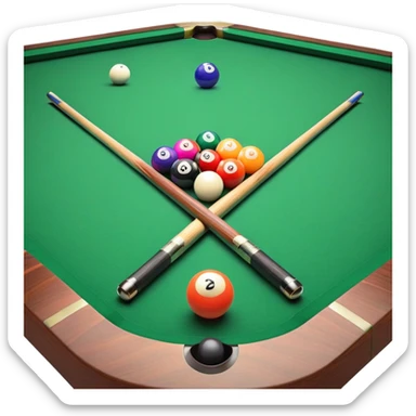 Two crossed pool cues resting on a billiard table, with colorful billiard balls scattered across the surface. The background features the felt of the table, creating an inviting atmosphere for a game of precision and strategy sticker