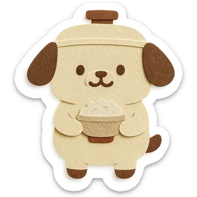 chibi rice cooker dog with a round belly, holding a rice bowl, soft cream and brown tones, full-body sticker