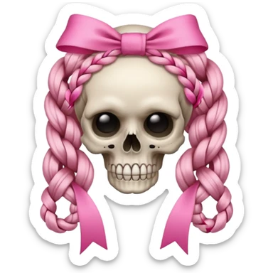 skull emoji with pink ribbon pookie and two braids sticker