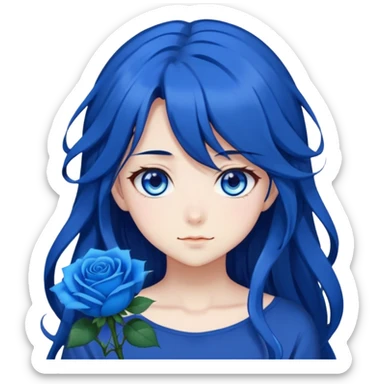 anime girl with long dark blue hair, blue rose in hair, bright blue eyes, cute anime face, anime emoji style sticker