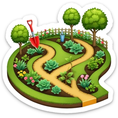 Icon for Landscape Design: a garden layout with plants, trees, paths, and design tools like a spade, pencil and measuring tape. The icon should represent creativity in outdoor space planning and gardening. Transparent background. sticker