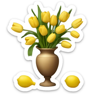 a vase with tulips and lemons next to it sticker