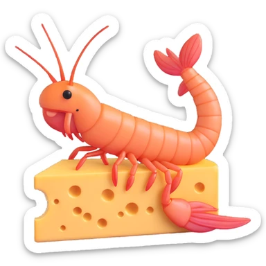 a fun and simple shrimp sitting on top of a piece of cheese, clear subject sticker