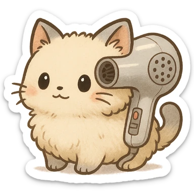 chibi soft fluffy cat inspired by a hair dryer with appliance elements integrated into its design full-body sticker