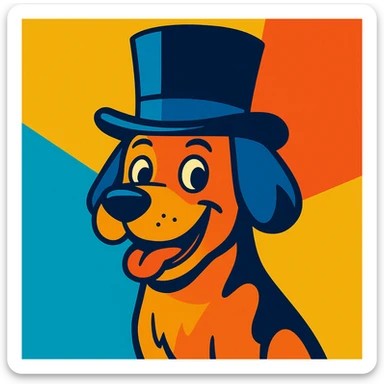 a cool dog wearing a top hat, fun and appealing style, vibrant toon style sticker