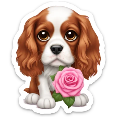 lovely Cavalier King Charles Spaniel puppy holding a pink rose sticker
