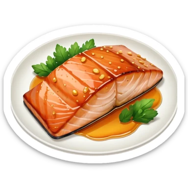 create a Honey Glazed Salmon

Camera angle: slightly elevated top-down view with a gentle bird’s-eye perspective (about 15–20°), identical perspective and scaled do not add anything  on plate  sticker
