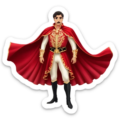 Spanish Matador – Cinematic Realistic Spanish Matador, portrayed in an ornate traje de luces with a flowing red cape, standing poised in a classic bullring with swirling dust and dramatic light, his intense expression and elegant stance capturing both bravery and artistry. sticker