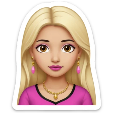 Sweet Indian girl blond long hair darkbrowm eyes brown/pink lipstick pink blush black top gold earrings brown eyebrows  sticker