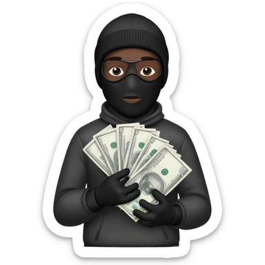 Man one Ski mask holding money bag with black skin color black and white money bag sticker