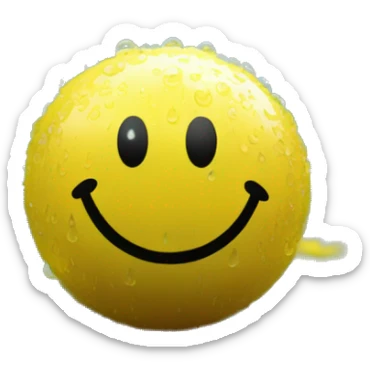 A bright yellow smiley face ball, covered in raindrops, sits on a wet, textured surface. Blurred green foliage and out-of-focus yellow flowers fill the background, with soft rain falling, creating a cheerful yet serene atmosphere. sticker