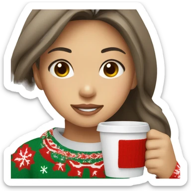 asian girl drinking coffee wearing Christmas sweater sticker