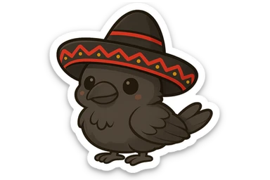 Change the chibi crow's mariachi hat to black and red, keep the adorable and festive look, with no background. sticker