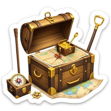 An icon featuring a treasure chest overflowing with gold, a treasure map with a compass rose, a backpack, and a shovel. The map guides the way, symbolizing the adventure of treasure hunting. Set against a transparent background, the design evokes excitement and exploration. sticker
