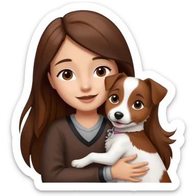 a girl and her dog, one little jack russell coloured dark brown and white. She hugs it. She has long hair.  sticker