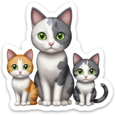 3 different coloured small cats including a dark grey and white, and a patchy calico with hazel eyes and a completely solid dark grey with green eyes and only white paws sticker