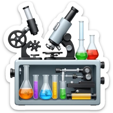 toolbox science, chemicals, mechanical gears, electronics, microscope, bohr atom model sticker