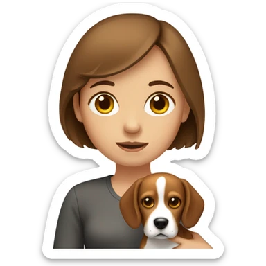 girl with brown bob hair holding a beagle sticker