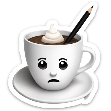 White handmade cup with a black pencil abstract drawing. Inside is hot chocolate  sticker