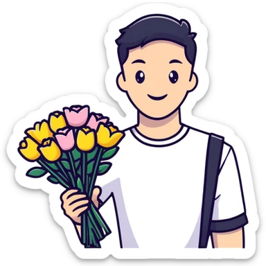 Cute boyfriend holding flowers and smiling sticker