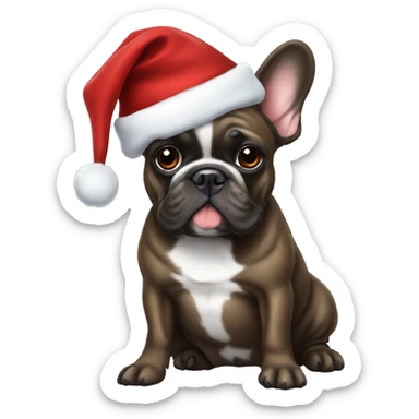 Brindle french bulldog wearing a Christmas hat sticker
