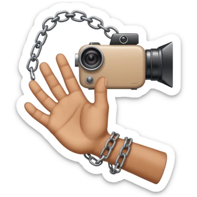 Minimalist emoji-style sticker of a human hand bound by a chain leading to a video camera. Icon-like, clean silhouette, muted tones. sticker