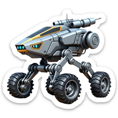 Futuristic jumping four-wheel armored canine sporty self-balancing massive mech trail assault vehicle motor-in-wheel side-hill leaning actively robotically articulating hydraulic independent suspended pod gimbal defender mech off-road racing rover with large fast engine basher crawler megatron  sticker