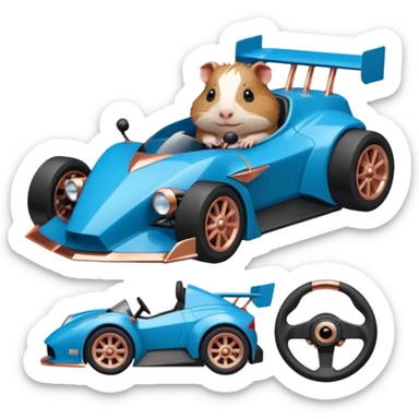 dark crystal blue and rosegold-accented faceted-body electric racing car driven by a small cute but fearless Guinea pig with rear spoiler, roll bar, and wheely bar sticker