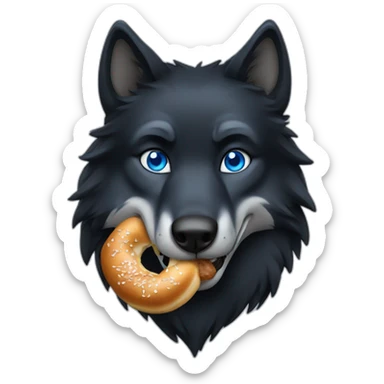 a full black wolf with blue eyes eats a bretzel sticker