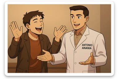  rappresenta un webtoon manga a colori con questo stile, in cui un uomo esclama una cosa entusiasta al kinesiologo con il camice bianco (fagli anche la scritta "ANTONIO ANANIA" SUL CAMICE), IL KINESIOLOGO lo aspetta a braccia aperte. l'espressione dell'uomo è felice e soddisfatta, non fare i fumetti però, fai solo in modo che sembri stiano parlando sticker