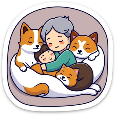 Create a short hair gray hair girl and a brown hair boy sleeping cuddling with a shiba and a Yorkshire terrier and a jack Russel terrier  sticker
