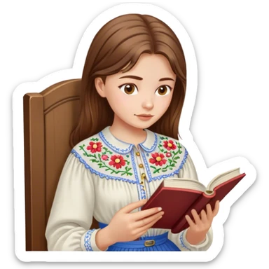 A Ukrainian girl with brown hair in an embroidered shirt reads a book sticker